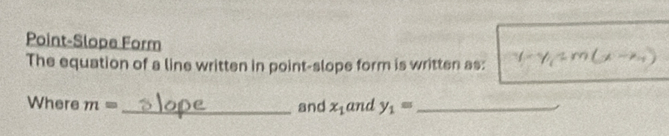 Point-Slope Form 
The equation of a line written in point-slope form is written as: 
Where m= _ and x_1 and y_1= _