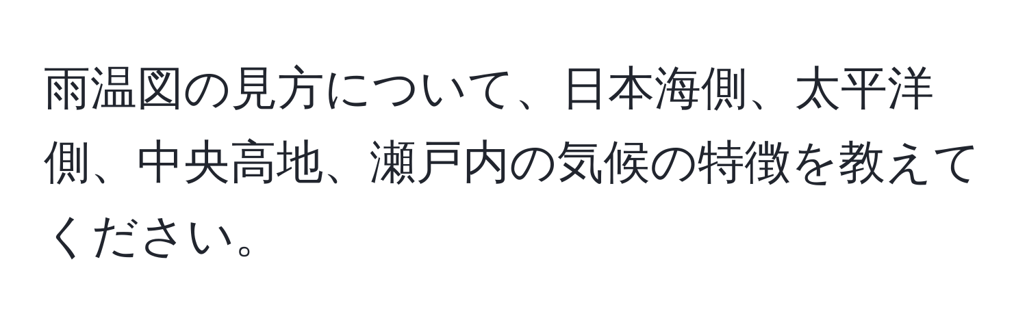 雨温図の見方について、日本海側、太平洋側、中央高地、瀬戸内の気候の特徴を教えてください。