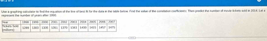 Use a graphing calculator to find the equation of the line of best fit for the data in the table below. Find the value of the correlation coefficient r. Then predict the number of movie tickets sold in 2014. Let x
represent the number of years after 1990.