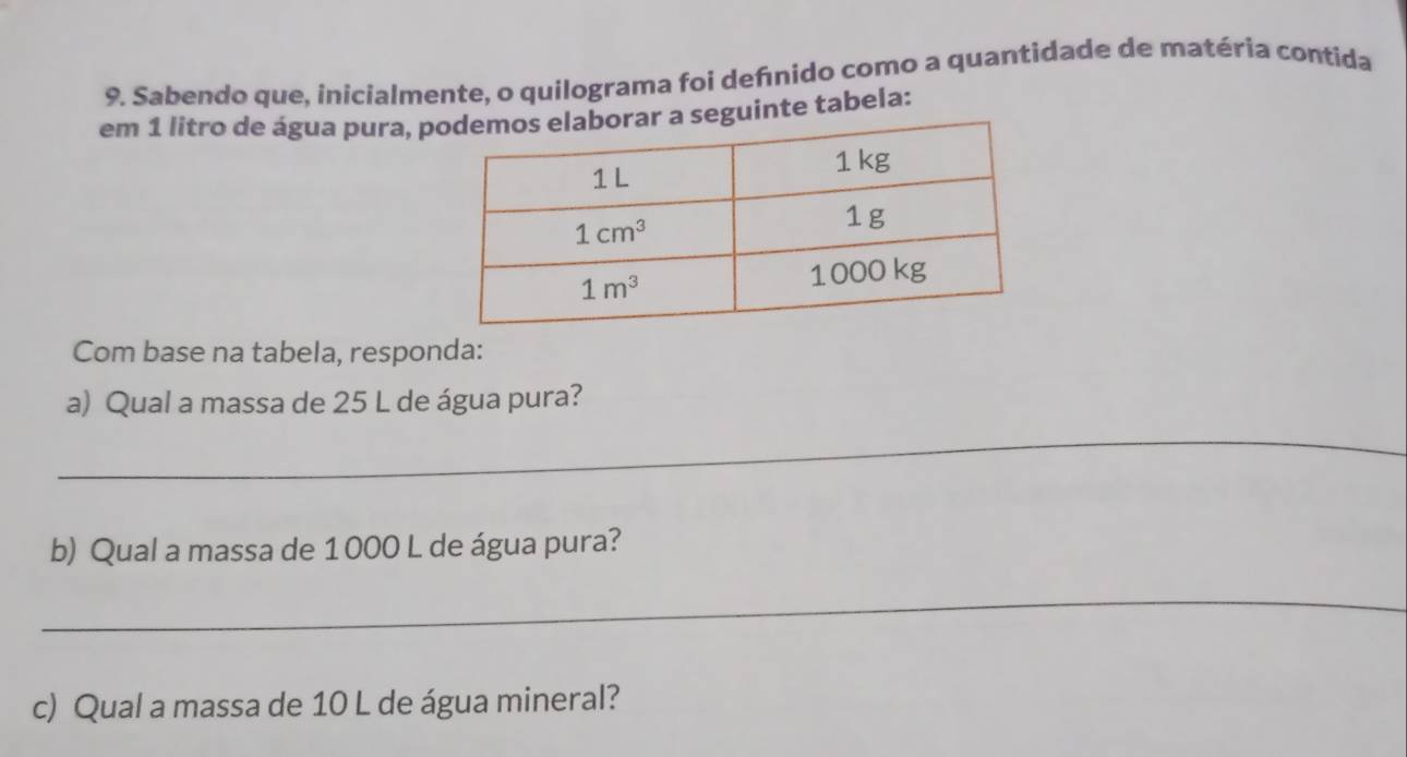 Sabendo que, inicialmente, o quilograma foi defínido como a quantidade de matéria contida
em 1 litro de água pura, pte tabela:
Com base na tabela, responda:
a) Qual a massa de 25 L de água pura?
_
b) Qual a massa de 1000 L de água pura?
_
c) Qual a massa de 10 L de água mineral?