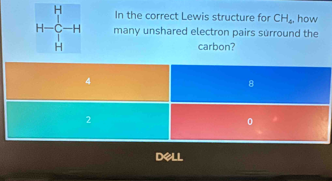 In the correct Lewis structure for CH_4 , how
H-C-H HH H many unshared electron pairs sürround the
carbon?
4
8
2
dell