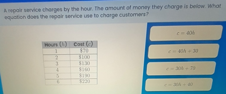 A repair service charges by the hour. The amount of money they charge is below. What
equation does the repair service use to charge customers?
c=40h
c=40h+30
c=30h+70
c=30h+40