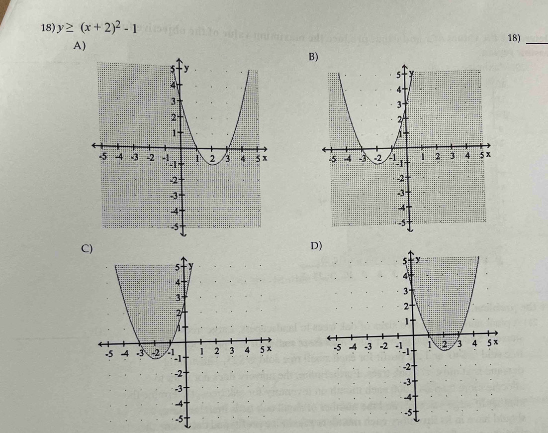 y≥ (x+2)^2-1
18)_ 
A) 
B 

C) 
D)