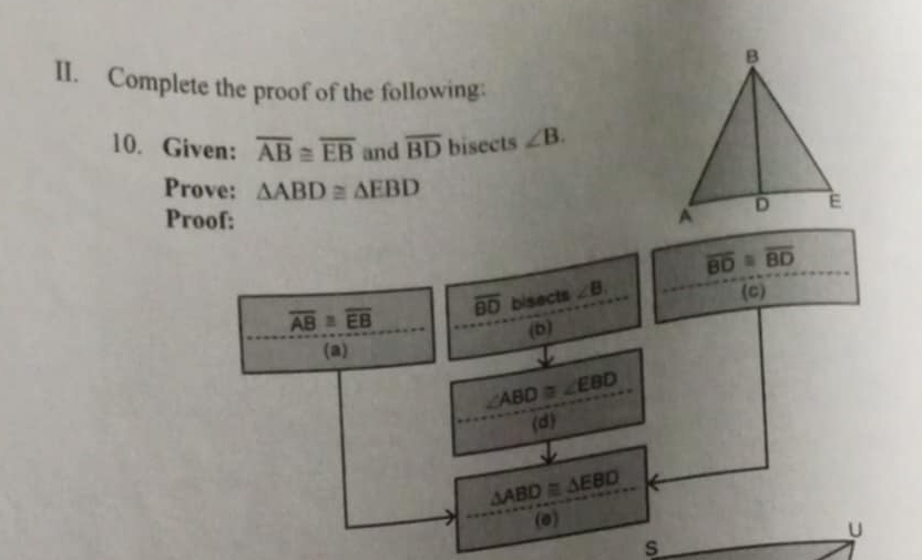 Complete the proof of the following: 
10. Given: overline AB≌ overline EB and overline BD bisects ∠ B. 
Prove: △ ABD≌ △ EBD
Proof:
overline BD≌ overline BD
overline AB≌ overline EB overline BD bisects ∠ B. 
(c) 
(b) 
(a)
∠ ABD≌ ∠ EBD
(d)
△ ABD≌ △ EBD
(0) 
U 
s