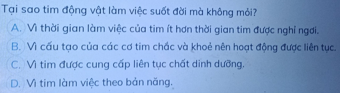 Tại sao tim động vật làm việc suốt đời mà không mỏi?
A. Vì thời gian làm việc của tim ít hơn thời gian tim được nghỉ ngơi.
B. Vì cấu tạo của các cơ tim chắc và khoẻ nên hoạt động được liên tục.
C. Vì tim được cung cấp liên tục chất dinh dưỡng.
D. Vì tim làm việc theo bản năng.