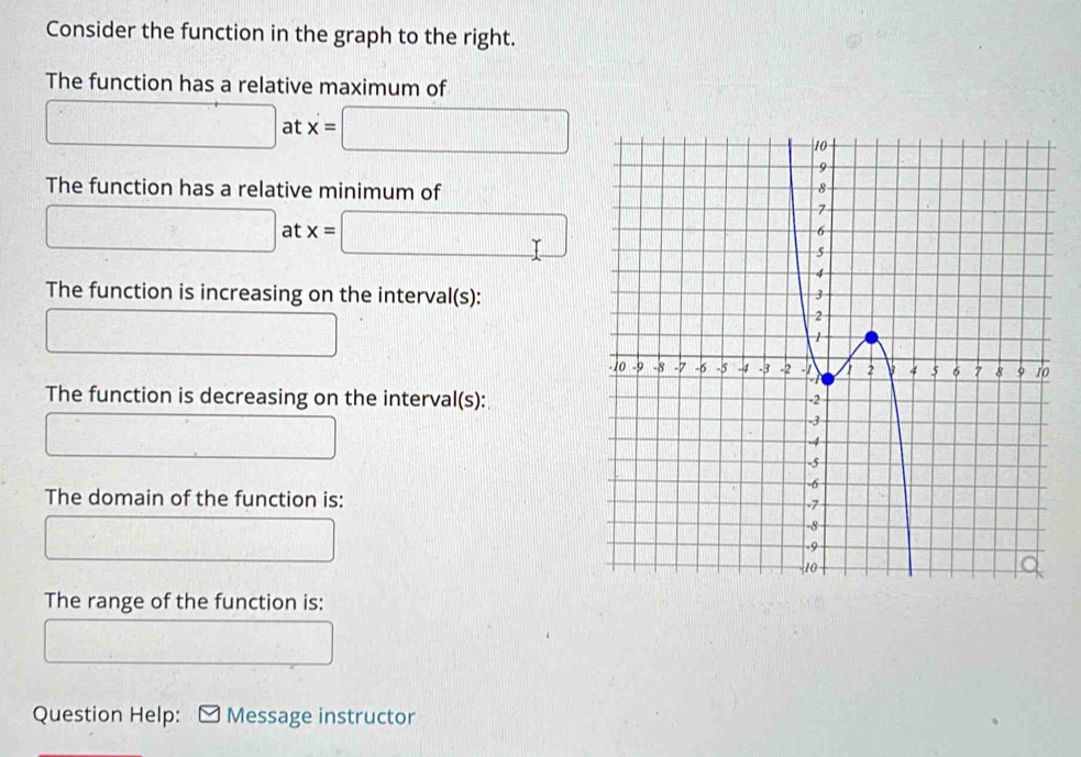 Consider the function in the graph to the right. 
The function has a relative maximum of
□ at x= □ □ 
The function has a relative minimum of 
_  at x=
T 
The function is increasing on the interval(s): 
The function is decreasing on the interval(s): 
The domain of the function is: 
The range of the function is: 
Question Help: Message instructor