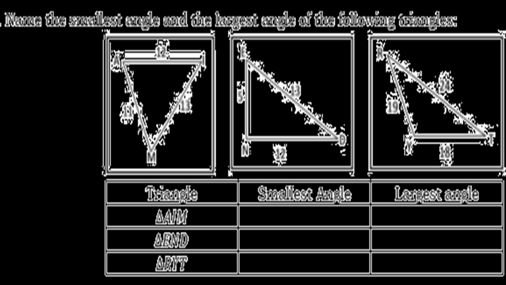 Name the smailest angle and the largest angle of the following triangles: 
Triangle Smallest Angle Largest angle 
LAIM 
AEND 
ARYT