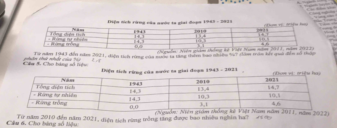 Ngành luyện ki 
Các đêm khai 
Công nguệp 
V ù oo 
Diện tích rừng của nước ta giai đoạn 1943 - 2021 
Bắc Trung 
Trung đi 
Tênm nà 
Hoạ 
Zng
P65
a 
(Ngu 
Từ năm 1943 đến năm 2021, diện tích rừng của nước ta tăng thêm bao nhiêu %? (làm tròn kết quả đến số thập 
phân thứ nhất của %) 2,8 
Câu 5. Cho bảng số liệu: 
Diện tích rừng của nước ta giai đoạn 1943 - 2021 
m 2022) 
Từ năm 2010 đến năm 2021, diện tích rừng trồng tăng được bao nhiêu nghin ha? 
Câu 6. Cho bảng số liệu: