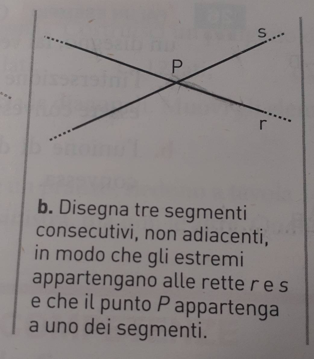 Disegna tre segmenti 
consecutivi, non adiacenti, 
in modo che gli estremi 
appartengano alle rette r e s 
e che il punto P appartenga 
a uno dei segmenti.