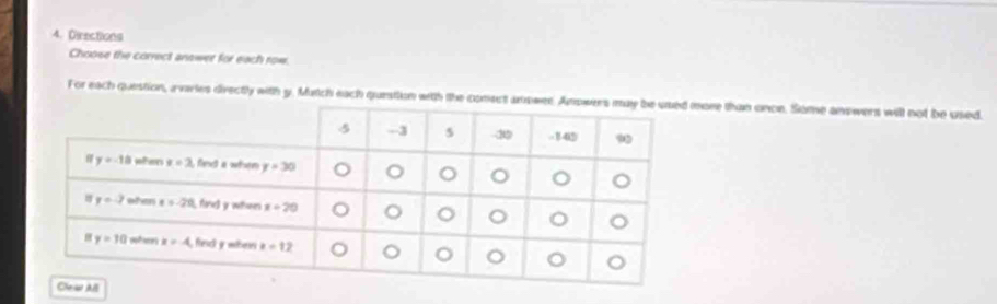 Directions
Choose the correct anewer for each row.
For each question, a varies directly with y. Mutch each question with the conect anowerore than once. Some answers will not be used.