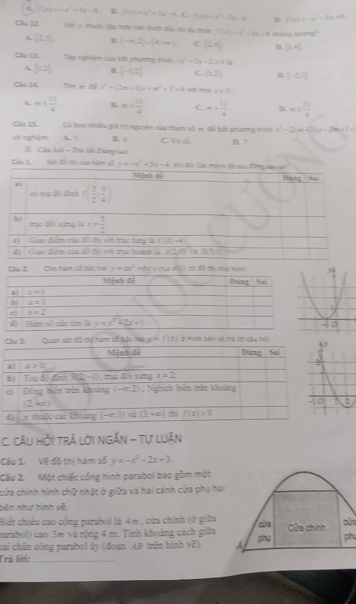 A f(x)=-x^2+5x-4 B. f(x)=x^2-5x-4 C f(x)=x^2-3x-4 D f(x)=-x^2-5x+6
Cle 12. Vợt 5 thuộc tảp hợp nào dượ đây ti đa thức f(x)=x^2-6x+8 kháng dương?
A [2.3].
R (-a,1)-(4,-a). C (2,4). D [(1,4)].
Câo 13. Tập nghiệm của bắt phương trình -x^2+3x-2≥ 0a
A [k2]
B [-1.2] C. (k2) D [-21]
Căm 54 Em=dkx^2+(2m+1)x+m^2+3>0 ud no x∈ R
A m≤  11/4 .
m C. m> 13/4  D. =2 11/4 
Cầu 15.  Có bao nhiều giải trị nguyên của tham số m. Bể bất phương trình x^2-2(m-3)x-2m-1
yǒ nghiệm A 5. R. 6. C Võ s D. 7
B. Cầu hri - Trú lờ Đing sai
Cáp 1. Xet đô thi của hàm số y=-x^2+5x-4 C
Câu 2. Cho hàm số bậc hai y=a^2-bx+c(a!= 0)=0.5 thg tình
hị hàm số bậc hai y=f(x) ở Hinh bên và trả lời câu hội
C. CâU Hỏi trả lời NgắN - Tự luận
Câu 1. Vẽ đồ thị hàm số y=-x^2-2x+3.
Câu 2. Một chiếc cống hình parabol bao gồm một
cửa chính hình chữ nhật ở giữa và hai cảnh cửa phụ hai
bên như hình vẽ.
Biết chiều cao cống parabol là 4π, cửa chính (ở giữa ake Cửa chính cù
barabol) cao 3m và rộng 4 m. Tính khoảng cách giữa phụ
ph
hai chân công parabol ây (đoạn AB trên hình vẽ). A
Trà lời:_