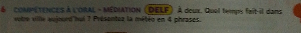 COMPÉTENCES À L'ORAL - MÉDIATION (DELF) À deux. Quel temps fait-il dans 
votre villle aujourd'hui ? Présentez la météo en 4 phrases.