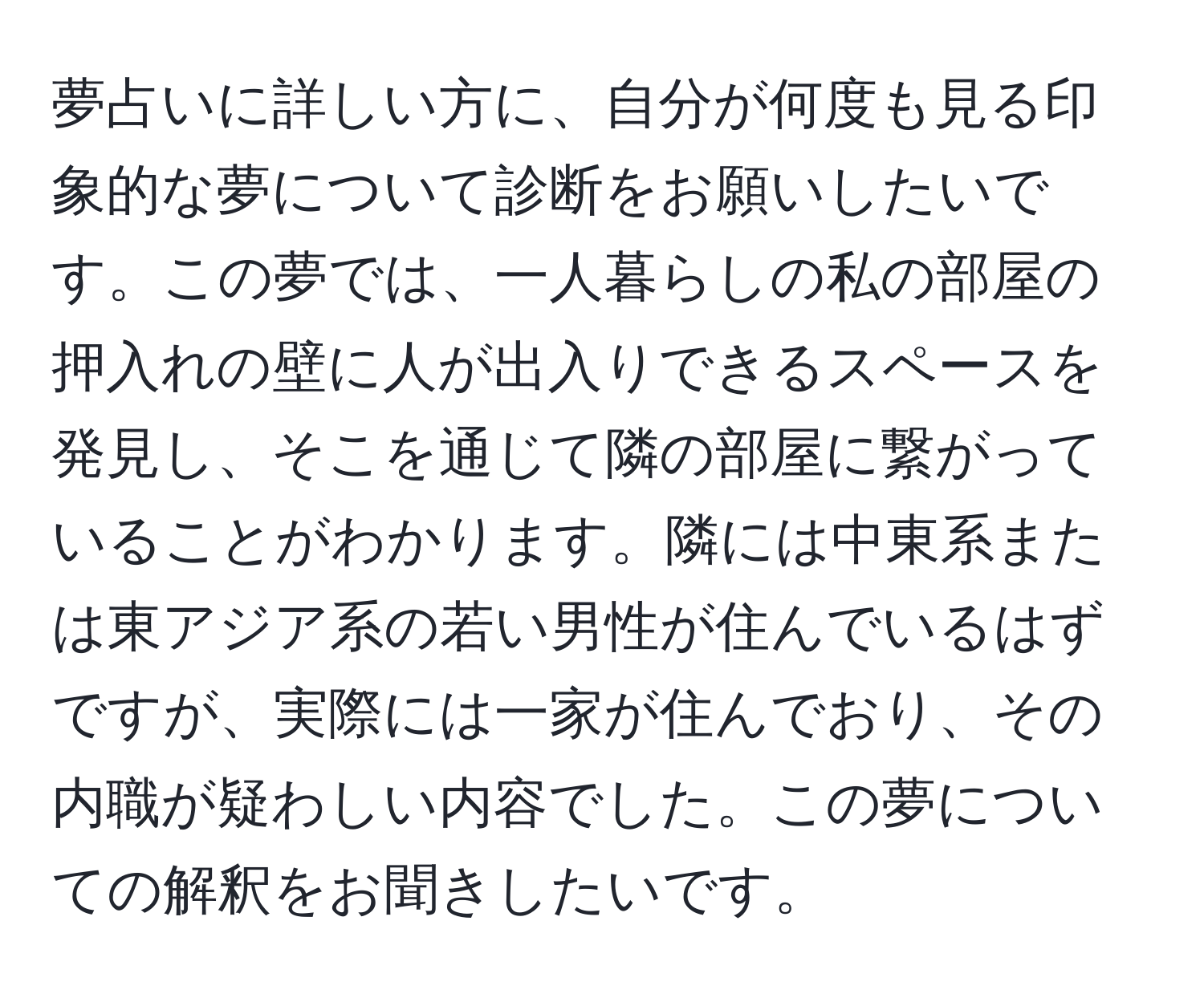 夢占いに詳しい方に、自分が何度も見る印象的な夢について診断をお願いしたいです。この夢では、一人暮らしの私の部屋の押入れの壁に人が出入りできるスペースを発見し、そこを通じて隣の部屋に繋がっていることがわかります。隣には中東系または東アジア系の若い男性が住んでいるはずですが、実際には一家が住んでおり、その内職が疑わしい内容でした。この夢についての解釈をお聞きしたいです。