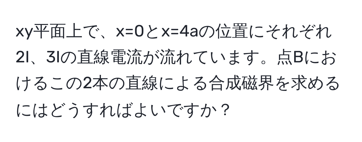 xy平面上で、x=0とx=4aの位置にそれぞれ2I、3Iの直線電流が流れています。点Bにおけるこの2本の直線による合成磁界を求めるにはどうすればよいですか？