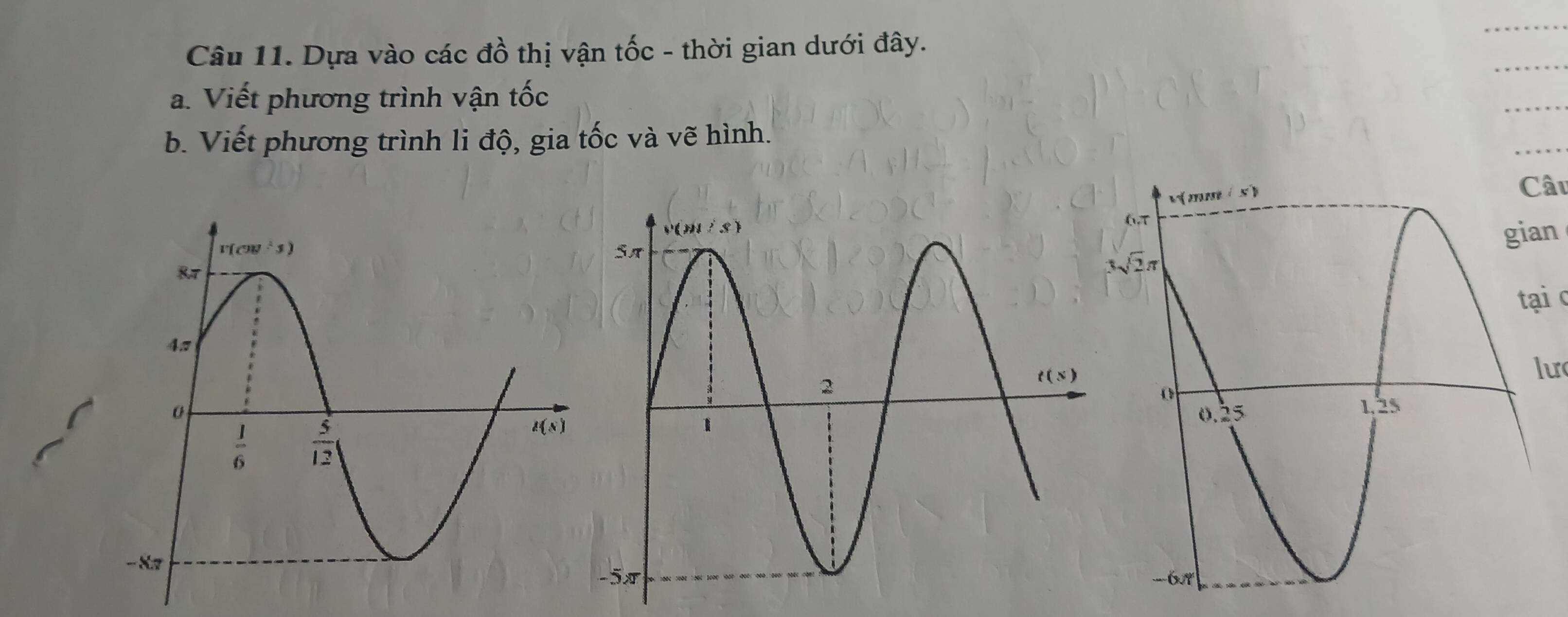 Dựa vào các đồ thị vận tốc - thời gian dưới đây.
a. Viết phương trình vận tốc
b. Viết phương trình li độ, gia tốc và vẽ hình.
Câu
gian
tại c
lư