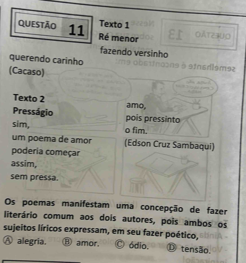 Texto 1
QUESTÃO 11 Ré menor
fazendo versinho
querendo carinho
(Cacaso)
m92
Texto 2 amo,
Presságio pois pressinto
sim, o fim.
um poema de amor (Edson Cruz Sambaqui)
poderia começar
assim,
sem pressa.
Os poemas manifestam uma concepção de fazer
literário comum aos dois autores, pois ambos os
sujeitos líricos expressam, em seu fazer poético,
A alegria. Ⓑ amor. C ódio. D tensão.