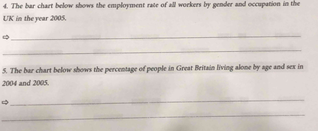 The bar chart below shows the employment rate of all workers by gender and occupation in the 
UK in the year 2005. 
_ 
_ 
5. The bar chart below shows the percentage of people in Great Britain living alone by age and sex in 
2004 and 2005. 
_ 
_