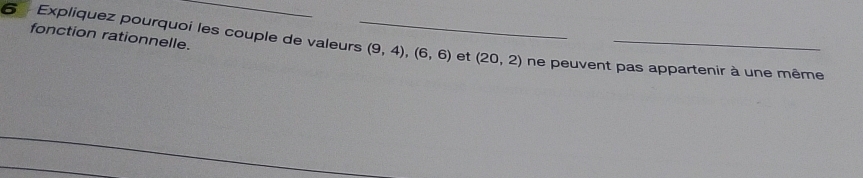 fonction rationnelle. 
6 Explíquez pourquoi les couple de valeurs_ (9,4), (6,6) et (20,2) ne peuvent pas appartenir à une même