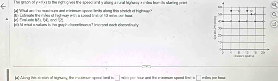 The graph of y=f(x) to the right gives the speed limit y along a rural highway x miles from its starting point. 
(a) What are the maximum and minimum speed limits along this stretch of highway? 
(b) Estimate the miles of highway with a speed limit of 40 miles per hour. 
(c) Evaluate f(8), f(4) , and f(2). 
(d) At what x -values is the graph discontinuous? Interpret each discontinuity. 
B 
(a) Along this stretch of highway, the maximum speed limit is □ miles per hour and the minimum speed limit is □ miles per hour.