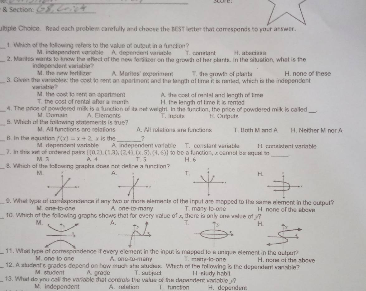 score:
& Section:_
ultiple Choice. Read each problem carefully and choose the BEST letter that corresponds to your answer.
_1. Which of the following refers to the value of output in a function?
M. independent variable A. dependent variable T. constant H. abscissa
_2. Marites wants to know the effect of the new fertilizer on the growth of her plants. In the situation, what is the
independent variable?
M. the new fertilizer A. Marites' experiment T. the growth of plants H. none of these
_3. Given the variables: the cost to rent an apartment and the length of time it is rented, which is the independent
variable?
M. the cost to rent an apartment A. the cost of rental and length of time
T. the cost of rental after a month H. the length of time it is rented
_4. The price of powdered milk is a function of its net weight. In the function, the price of powdered milk is called _、
M. Domain A. Elements T. Inputs H. Outputs
_5. Which of the following statements is true?
M. All functions are relations A. All relations are functions T. Both M and A H. Neither M nor A
_6. In the equation f(x)=x+2 , x is the _?
M. dependent variable A. independent variable T. constant variable H. consistent variable
_7. In this set of ordered pairs  (0,2),(1,3),(2,4),(x,5),(4,6)  to be a function, x cannot be equal to_
M. 3 A. 4 T. 5 H.6
_8. Which of the following graphs does not define a function?
M
A.
T.
H.
_9. What typee if any two or more elements of the input are mapped to the same element in the output?
M. one-to-one A. one-to-many T. many-to-one H. none of the above
_10. Which of the following graphs shows that for every value of x, there is only one value of y?
M.
A
H. y
x
_11. What type of correspondence if every element in the input is mapped to a unique element in the output?
M. one-to-one A. one-to-many T. many-to-one H. none of the above
_12. A student's grades depend on how much she studies. Which of the following is the dependent variable?
M. student A. grade T. subject H. study habit
_13. What do you call the variable that controls the value of the dependent variable y?
M. independent A. relation T. function H. dependent