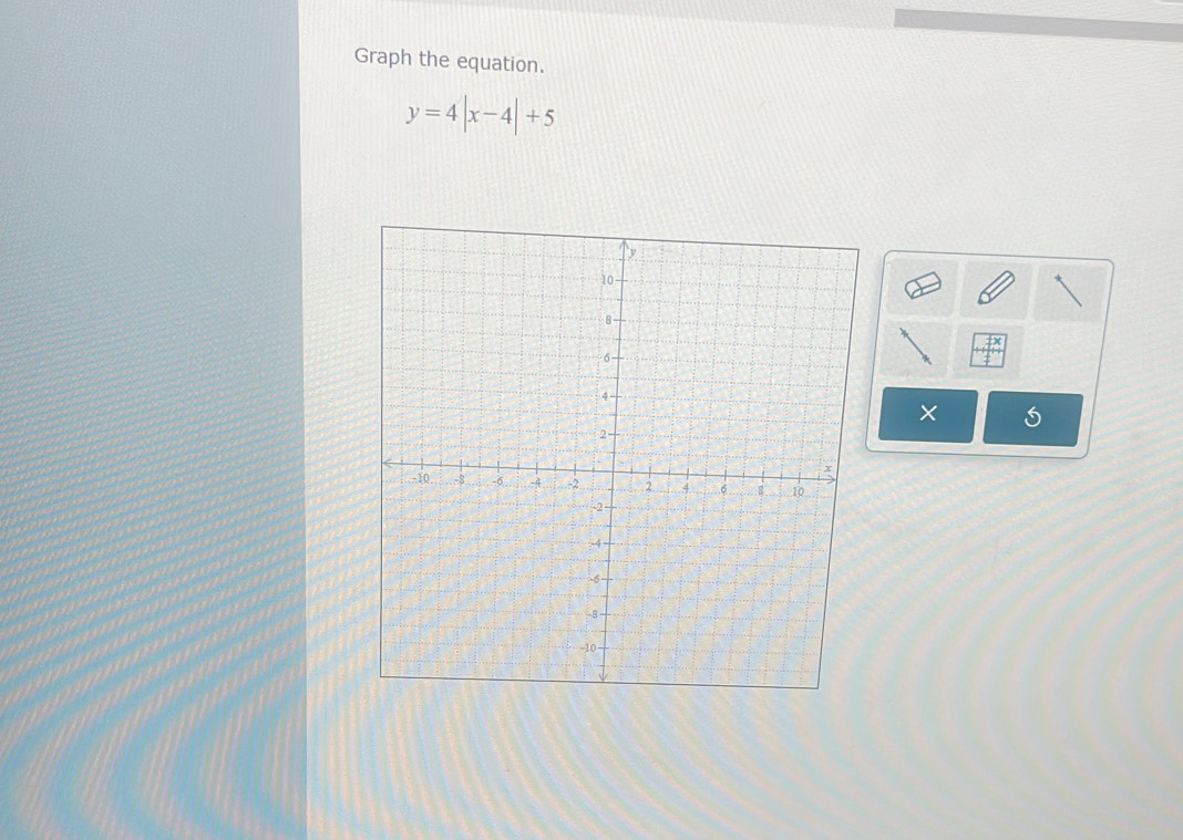 Graph the equation.
y=4|x-4|+5
×