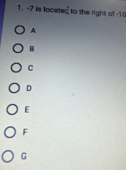 -7 is located to the right of -10
A
B
C
D
E
F
G