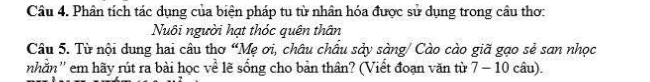 Phân tích tác dụng của biện pháp tu từ nhân hóa được sử dụng trong câu thơ: 
Nuôi người hạt thóc quên thân 
Câu 5. Từ nội dung hai câu thơ “Mẹ ơi, châu chấu sảy sàng/ Cào cào giã gạo sẻ san nhọc 
nhằn'' em hãy rút ra bài học về lẽ sống cho bản thân? (Viết đoạn văn từ 7 - 10 câu).