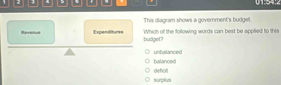 1 2 3 5 。 。 N 01:54:2
This diagram shows a government's budget.
Revenue Expenditures Which of the following words can best be applied to this
budget?
unbalanced
balanced
deficit
surplus