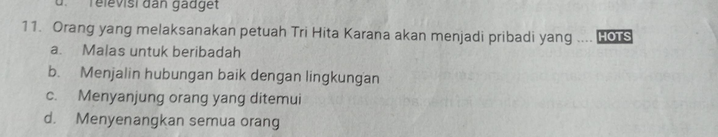 Televisi đan gädget
11. Orang yang melaksanakan petuah Tri Hita Karana akan menjadi pribadi yang hots
a. Malas untuk beribadah
b. Menjalin hubungan baik dengan lingkungan
c. Menyanjung orang yang ditemui
d. Menyenangkan semua orang