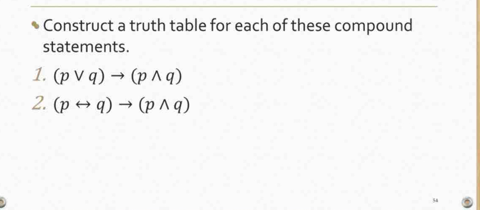 Construct a truth table for each of these compound 
statements. 
1. (pvee q)to (pwedge q)
2. (prightarrow q)to (pwedge q)
54