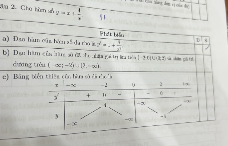 0l đến hàng đơn vị của độ) 
âu 2. Cho hàm số y=x+ 4/x . 
Phát biểu 
a) Đạo hàm của hàm số đã cho là y'=1+ 4/x^2 . 
D s 
b) Dạo hàm của hàm số đã cho nhận giá trị âm trên (-2;0) U (0;2) và nhận giá trị 
dương trên (-∈fty ;-2)∪ (2;+∈fty ). 
c) Bảng biến thiên của hàm số đã cho là