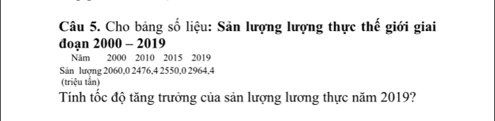 Cho bảng số liệu: Sản lượng lượng thực thế giới giai 
đoạn 2000 - 2019
Năm 2000 2010 2015 2019
Sản lượng 2060, 0 2476, 4 2550, 0 2964, 4
(triệu tấn) 
Tính tốc độ tăng trưởng của sản lượng lương thực năm 2019?