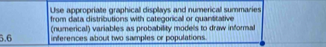 Use appropriate graphical displays and numerical summaries 
from data distributions with categorical or quantitative 
(numerical) variables as probability models to draw informal
5.6 inferences about two samples or populations.