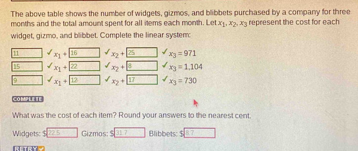 The above table shows the number of widgets, gizmos, and blibbets purchased by a company for three
months and the total amount spent for all items each month. Let x_1, x_2, x_3 represent the cost for each 
widget, gizmo, and blibbet. Complete the linear system: 
11 x_1+16 x_2+25 x_3=971
15 x_1+| 22 x_2+ 8 x_3=1,104
9 x_1+| 12 x_2+ 17 x_3=730
COMPLETE 
What was the cost of each item? Round your answers to the nearest cent. 
Widgets: $ 22 5 Gizmos: $ 317 Blibbets: $ 87
RETRYP