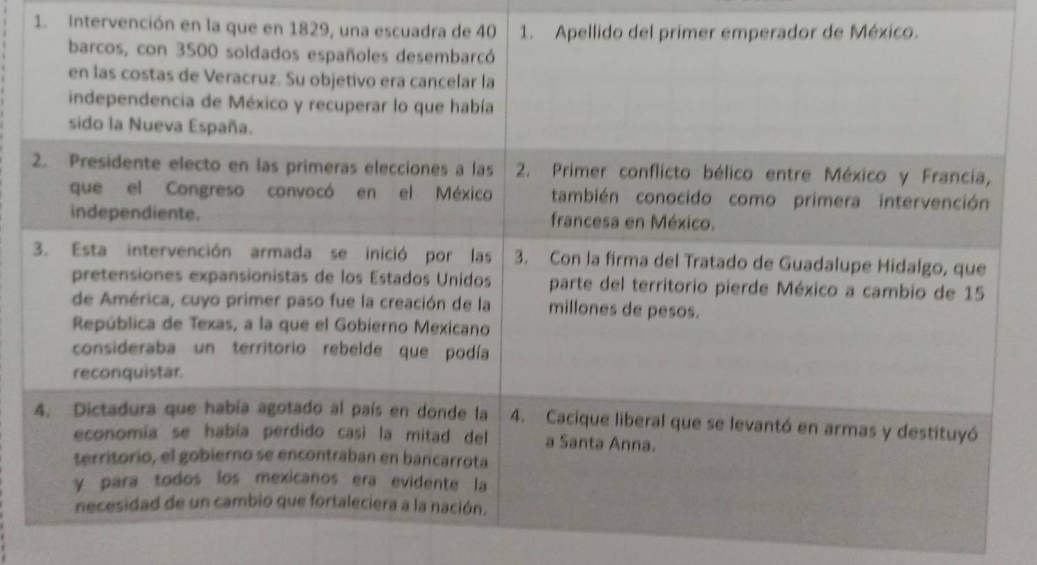 Intervención en la que en 1829, una escuadra de 40 1. Apellido del primer emperador de México. 
barcos, con 3500 soldados españoles desembarcó 
en las costas de Veracruz. Su objetivo era cancelar la 
independencia de México y recuperar lo que había 
sido la Nueva España. 
2. Presidente electo en las primeras elecciones a las 2. Primer conflicto bélico entre México y Francia, 
que el Congreso convocó en el México también conocido como primera intervención 
independiente. francesa en México. 
3. Esta intervención armada se inició por las 3. Con la firma del Tratado de Guadalupe Hidalgo, que 
pretensiones expansionistas de los Estados Unidos parte del territorio pierde México a cambio de 15
de América, cuyo primer paso fue la creación de la millones de pesos. 
República de Texas, a la que el Gobierno Mexicano 
consideraba un territorio rebelde que podía 
reconquistar. 
4. Dictadura que había agotado al país en donde la 4. Cacique liberal que se levantó en armas y destituyó 
economía se había perdido casi la mitad del a Santa Anna. 
territorio, el gobierno se encontraban en bancarrota 
y para todos los mexicanos era evidente la 
necesidad de un cambio que fortaleciera a la nación.