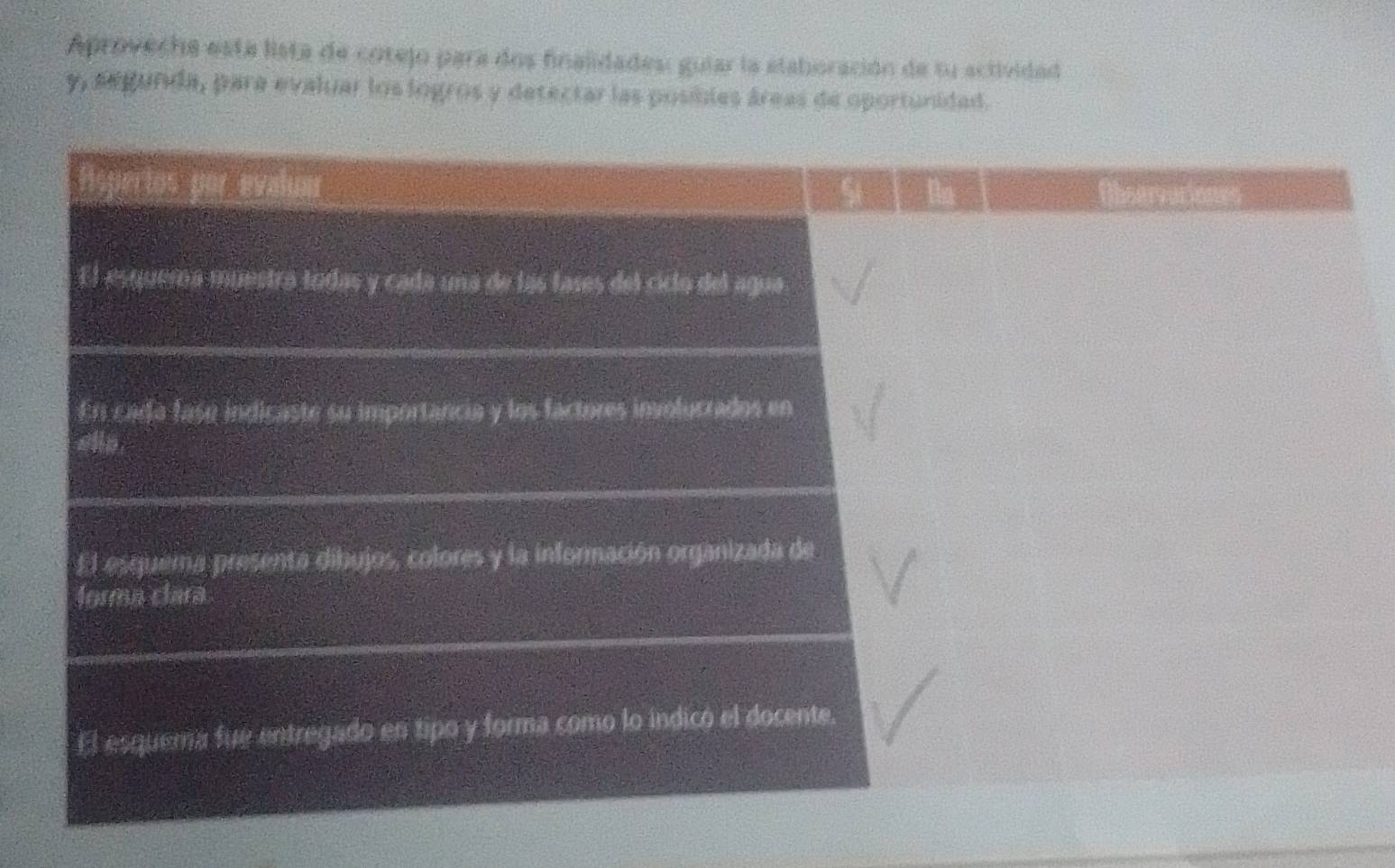 Aprovecha está lista de cotejo para dos finalidades: guiar la elaboración de su actividad 
y, segunda, para evaluar los logros y detectar las posibles áreas de oportunidad.