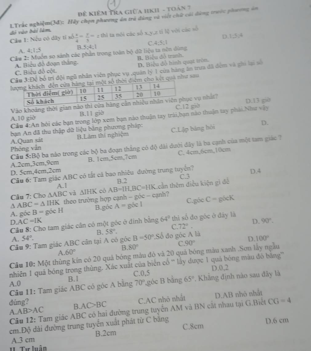 Để KIÊM TRA GiữA HKII - tOản 7
L.Trắc nghiệm(3đ): Hãy chọn phương án trú đùng và viết chữ cải đứng trước phương án
đó vào bài làm.
Câu 1: Nếu có dãy tỉ so x/4 = y/5 =zthi ta nói các số x,y,z tỉ lệ với các số
D. 1:5:4
A. 4:1:5 R 5;4;1 C. 4:5;1
Câu 2: Muồn so sánh các phần trong toàn bộ dữ liệu ta nên dùng
A. Biểu đồ đoạn thắng. B. Biểu đồ tranh.
D. Biểu đồ hình quạt tròn.
3:Dhat e bố trí đội ngũ nhân viên phục vụ ,quản lý 1 cửa hàng ăn trưa đã đểm và ghi lại số
C. Biểu đồ cột.
o kết quả như sau
D.13 giờ
Vào khoảng thời gian nc vụ nhất?
A.10 giờ B.11 giờ giờ
Câu 4:An hỏi các bạn trong lớp xem bạn nào thuận tay trái,bạn nào thuận tay phải.Như vậy
bạn An đã thu thập dữ liệu bằng phương pháp:
D.
A.Quan sát B.Làm thí nghiệm C.Lập bảng hội
Câu 5:B bộ ba nào trong các bộ ba đoạn thắng có độ dài dưới đây là ba cạnh của một tam giác ?
Phỏng vấn
A.2cm,3cm,9cm B. 1cm,5cm,7cm C. 4cm,6cm,10cm
D. 5cm,4cm,2cm D.4
Câu 6: Tam giác ABC có tất cả bao nhiêu đường trung tuyến?
C.3
A.1 B.2
Câu 7: Cho △ ABC và △ IHK có AB=IH,BC=HK tcần thêm điều kiện gì đề
△ ABC=△ IHK theo trường hợp cạnh - góc -c anh?
C.góc
A. góc B= góc H B.góc A=gicI C= gócK
D. AC=IK D. 90°.
Câu 8: Cho tam giác cân có một góc ở đinh bằng 64° thì số đo góc ở đáy là
B. 58°. C. 72°.
A. 54°. D. 100°
Câu 9: Tam giác ABC cân tại A có góc B=50° 'Số đo góc A là
B. 80° C. 90°
A 60°
Câu 10: Một thùng kín có 20 quả bóng màu đỏ và 20 quả bóng màu xanh .Sơn lấy ngẫu
nhiên 1 quả bóng trong thùng. Xác xuất của biến cố “ lấy dược 1 quả bóng màu đỏ bằng''
D.0,2
A.0 B.l C.0,5
Câu 11: Tam giác ABC có góc A bằng 70° ,góc B bằng 65°. Khăng định nào sau dây là
A. AB>AC B. AC>BC C.AC nhỏ nhất D.AB nhỏ nhất
dúng? CG=4
Câu 12: Tam giác ABC có hai đường trung tuyển AM và BN cắt nhau tại G.Biết
C.8cm D.6 cm
cm.Độ dài đường trung tuyển xuất phát từ C bằng
A.3 cm B.2cm
II.Tư luận