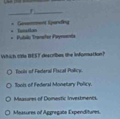 (
Gevemment Spending
Esation
Pubilu Tranzfer Payents
Which title BEST describes the information?
Tools of Federal Fiscal Policy.
Tools of Federal Monetary Policy.
Measures of Domestic Investments.
Measures of Aggregate Expenditures.