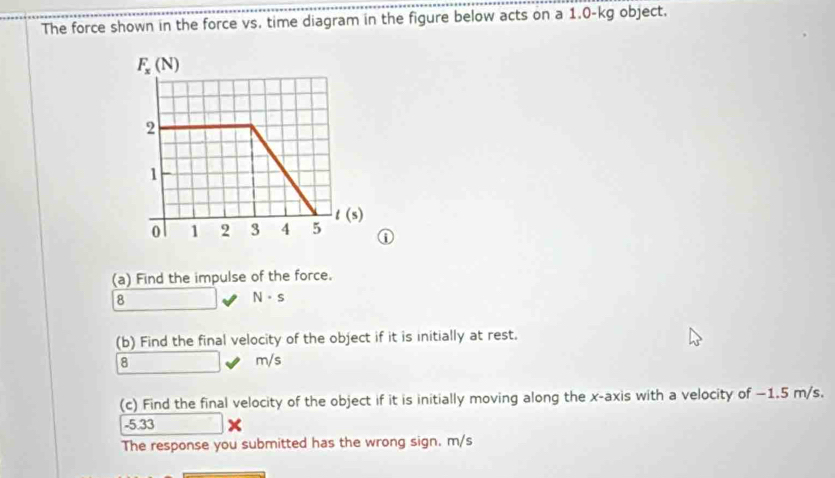 The force shown in the force vs, time diagram in the figure below acts on a 1.0-kg object.
(a) Find the impulse of the force.
8
N· s
(b) Find the final velocity of the object if it is initially at rest.
8 m/s
(c) Find the final velocity of the object if it is initially moving along the x-axis with a velocity of −1.5 m/s.
-5.33
The response you submitted has the wrong sign. m/s