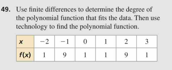 Use finite differences to determine the degree of
the polynomial function that fits the data. Then use
technology to find the polynomial function.