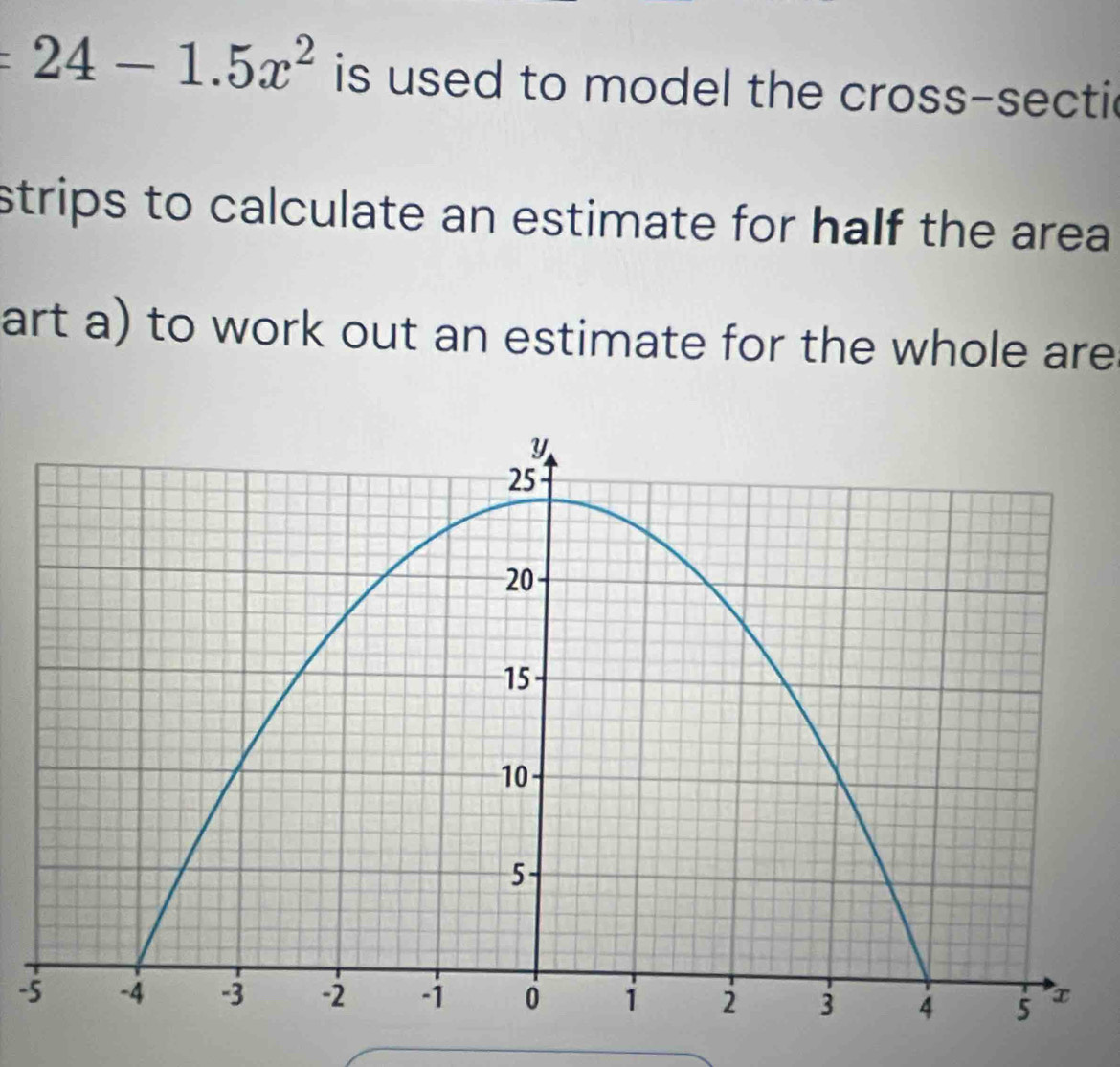 =24-1.5x^2 is used to model the cross-secti 
strips to calculate an estimate for half the area 
art a) to work out an estimate for the whole are
-5