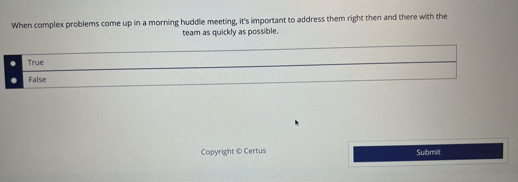 When complex problems come up in a morning huddle meeting, it's important to address them right then and there with the 
team as quickly as possible. 
Copyright © Certus Submit