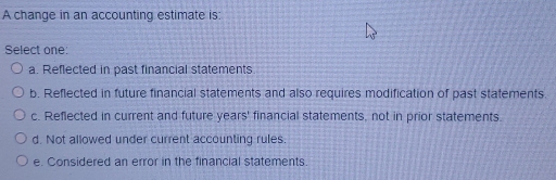 A change in an accounting estimate is:
Select one:
a. Reflected in past financial statements
b. Reflected in future financial statements and also requires modification of past statements.
c. Reflected in current and future years' financial statements, not in prior statements.
d. Not allowed under current accounting rules.
e. Considered an error in the financial statements.