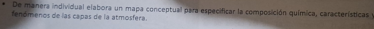 De manera individual elabora un mapa conceptual para especificar la composición química, características y 
fenómenos de las capas de la atmosfera.