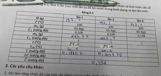 ghi nhận và tính toán các số
Dang 6.1, lầm 3 lần (sau mỗi lần ta đổ bỏ nước trong
1. Khi làm tăng nhiệt độ của một vật bằng cách truyền