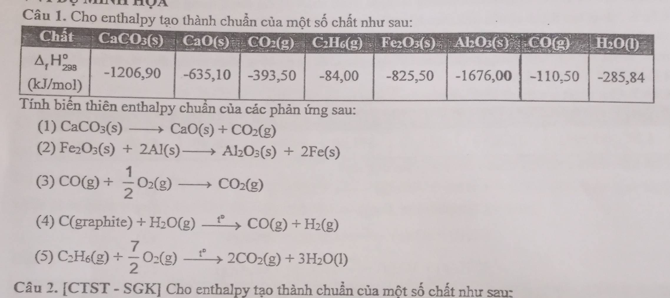 Cho enthalpy tạo thành chuẩn của một số chất như sau:
chuẩn của các phản ứng sau:
(1) CaCO_3(s)to CaO(s)+CO_2(g)
(2) Fe_2O_3(s)+2Al(s)to Al_2O_3(s)+2Fe(s)
(3) CO(g)+ 1/2 O_2(g)to CO_2(g)
(4) C(graphite)+H_2O(g)xrightarrow t°CO(g)+H_2(g)
(5) C_2H_6(g)+ 7/2 O_2(g)xrightarrow t°2CO_2(g)+3H_2O(l)
Câu 2. [CTST-SGK] Cho enthalpy tạo thành chuẩn của một số chất như sau: