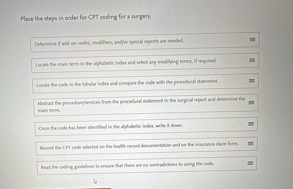 Solved: Place the steps in order for CPT coding for a surgery ...