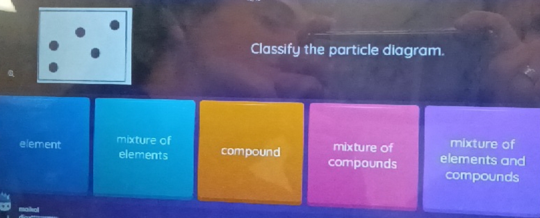 Classify the particle diagram.
element mixture of mixture of mixture of
elements compound elements and
compounds
compounds
malkol