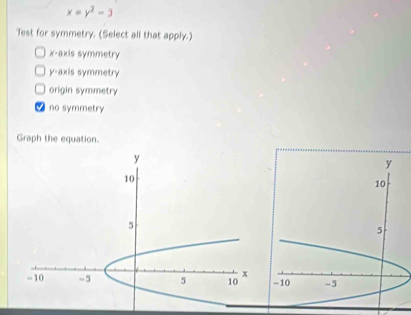 x=y^2-3
Test for symmetry. (Select all that apply.)
x-axis symmetry
y-axis symmetry
origin symmetry
no symmetry
Graph the equation.