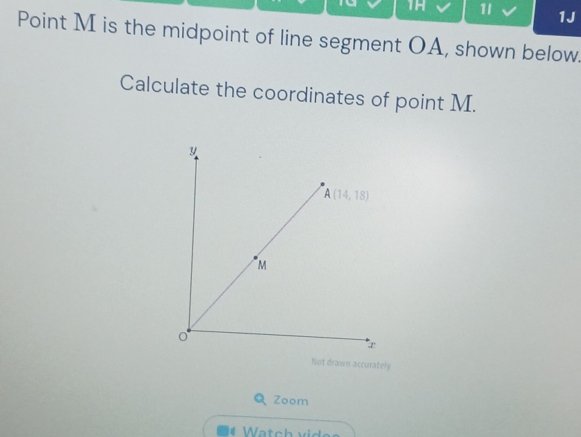 Th 1/ 1J
Point M is the midpoint of line segment OA, shown below.
Calculate the coordinates of point M.
Not drawn accurately
Zoom
W atch vides